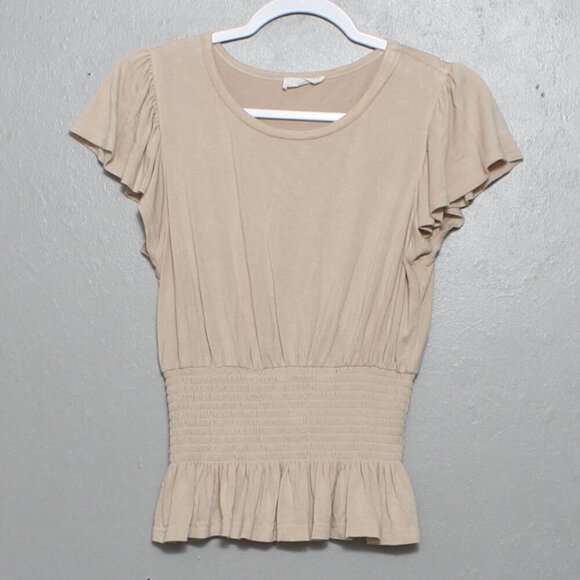 In loom beige smocked flutter sleeve top - Picture 1 of 7